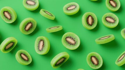 Fresh Sliced Kiwi Fruit on Bright Green Background for Food Design