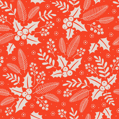 Merry Christmas, Happy New Year seamless pattern with winter flowers, holly leaves and berries for greeting cards, wrapping papers. Seamless winter pattern. Vector illustration. Hand drawn.