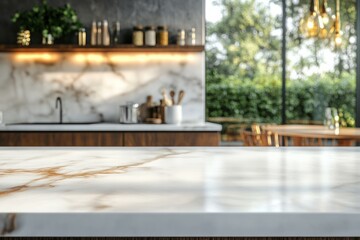 Empty white kitchen marble with modern kitchen background for product display, food photography