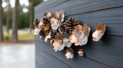 A wall decoration combining realistic metal pinecones and floral designs, blending natural and artistic elements to create a charming, earth-inspired aesthetic.