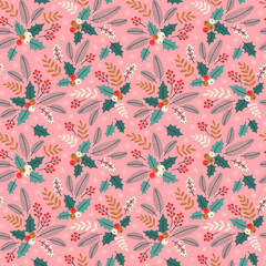 Christmas seamless pattern with Pine tree. Holiday background for greeting cards, wrapping papers. Winter floral background. Colorful pattern with  floral Happy New Year elements on a pink background.