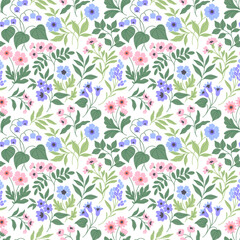 Seamless vintage floral pattern. White background, pink, lilac and blue flowers, green leaves. Vector print with a liberty motif. Ditsy style. Stock vector. Trendy design for surface.    © ann_and_pen