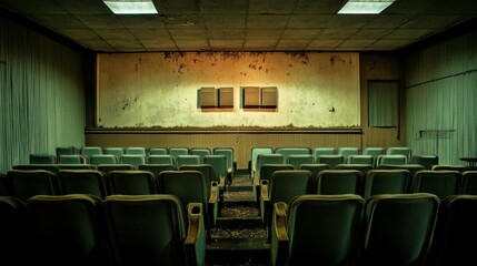 Empty seats at a movie theatre with closed lights