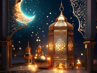 Obraz premium Ramadan background and moon with mosque, eid mubarak celebration