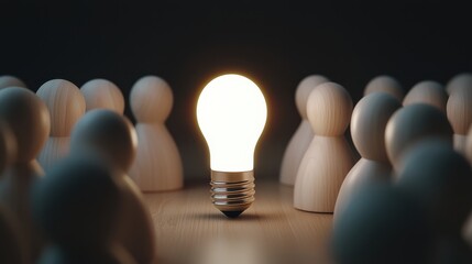 glowing lightbulb surrounded by wooden figures creates warm atmosphere, symbolizing ideas and inspiration. contrast between light and shadow enhances emotional expression