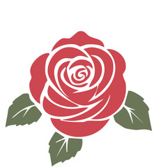 Red Rose Illustration, a stylized illustration of a red rose. The rose is centrally positioned and features multiple layers of petals, which are intricately designed with white highlights to give a se