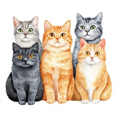 Group of Adorable Cats in Various Colors and Breeds, Close-Up