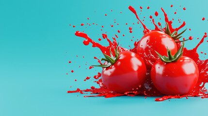 Fresh tomatoes splashing in vibrant red against blue background create lively and dynamic scene. vivid colors evoke sense of freshness and excitement