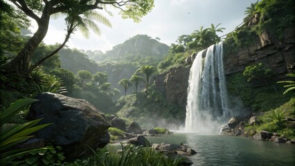 Obraz premium Tropical waterfall cascading down a rocky hillside, st kitts, waterfall, outdoor water feature, rock