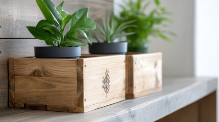 A cozy indoor setting with green plants in wooden boxes on a shelf, capturing a serene and natural aesthetic perfect for home or office decor inspiration.