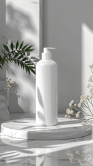sleek white cosmetic bottle stands elegantly on marble surface, surrounded by soft shadows and delicate flowers, creating serene and minimalist aesthetic