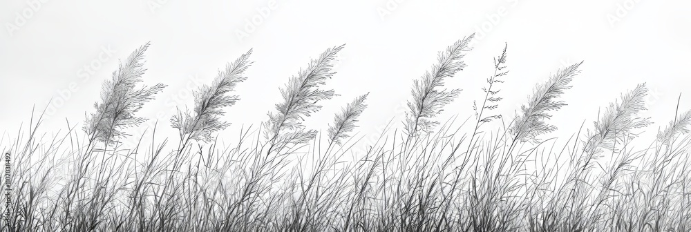 Poster an abstract meadow depicted in a continuous one-line drawing featuring grass.