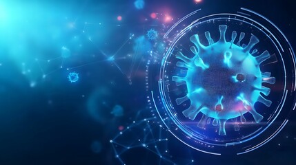 A vibrant, digital illustration depicting a virus structure with glowing elements, representing the intersection of technology and biology.