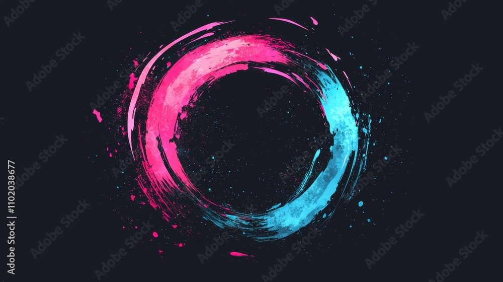 Aufkleber a circular frame with neon moving graphics in shades of neon on a black background, with light as an