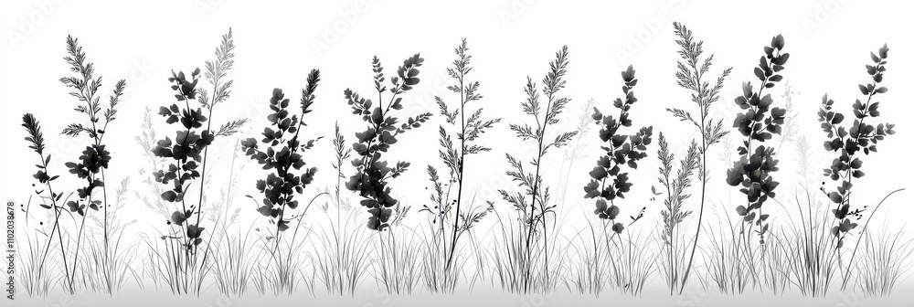 Poster a single continuous line drawing of an abstract meadow with grass.