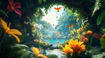 A Lush Jungle Scene with Vibrant Flowers and Butterflies
