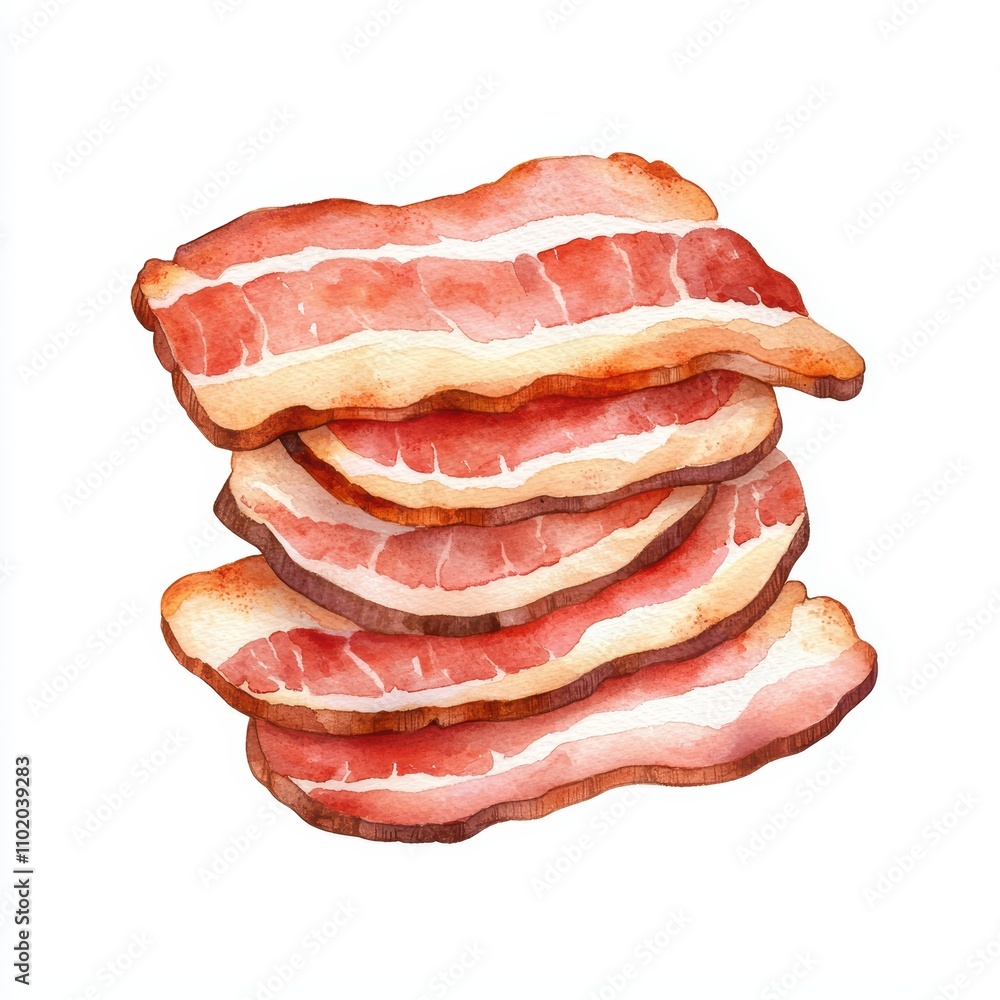 Poster stack of fresh bacon strips on white background for culinary use