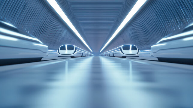Futuristic transportation hub featuring hyperloop trains in sleek tunnel. design emphasizes modernity and efficiency, showcasing advanced technology in transit systems