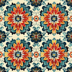 Vibrant floral patterns featuring intricate designs in shades of red, orange, blue, and cream create stunning visual effect. This artwork showcases harmonious blend of colors and shapes
