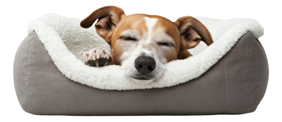 Dog sleeping in a cozy bed with soft white lining