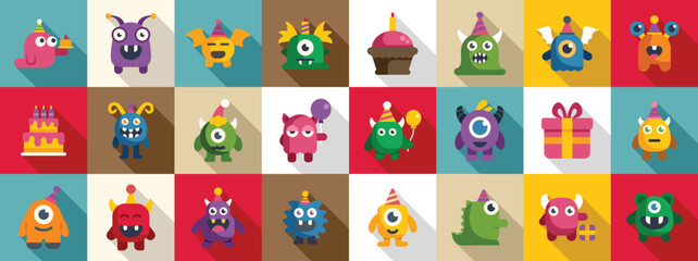 Monster birthday party icons set. Adorable monsters enjoying a birthday celebration with cake, gifts, and festive balloons