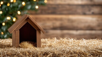 Christmas stage, Holiday, Tradition. Wooden doghouse on straw with a rustic background and soft lights.