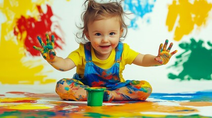 Happy child with painting with vibrant colors