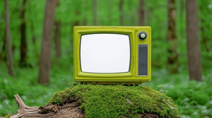 In the midst of lush greenery, a vintage radio rests on moss-covered earth, symbolizing a tranquil retreat from the digital world.