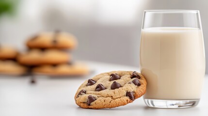 A freshly baked chocolate chip cookie sits elegantly leaning against a clear glass filled with creamy milk, highlighting a perfect pairing of treat and beverage.