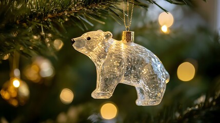 41. A close-up of a sparkling ornament shaped like a polar bear hanging on a tree