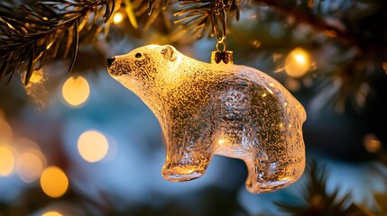 41. A close-up of a sparkling ornament shaped like a polar bear hanging on a tree