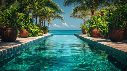 Obraz premium Artful image of a tropical pool with turquoise water and mirrored reflections of lush green foliage, set against a backdrop of a stylish seaside resort.