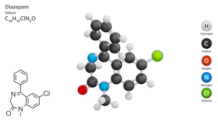 Molecule: Diazepam. Molecular structure. Formula: C16H13ClN2O. Chemical model: Ball and stick. White background. 3D illustration.