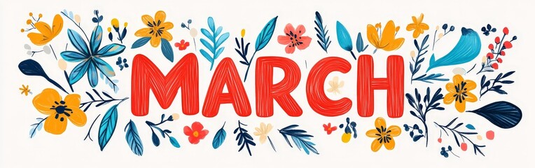 Fototapeta premium March Banner with Fresh Spring Foliage and Leaf Patterns