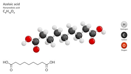 Molecule: Azelaic Acid or Nonanedioic acid. Molecular structure. Formula: C9H16O4. Chemical model: Ball and stick. White background. 3D illustration.
