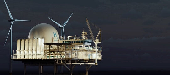 The offshore platform for green hydrogen production. A nighttime view of the hydrogen platform highlights the clean ocean industry. Concept renewable energy sources. 3D illustration. Copy space.