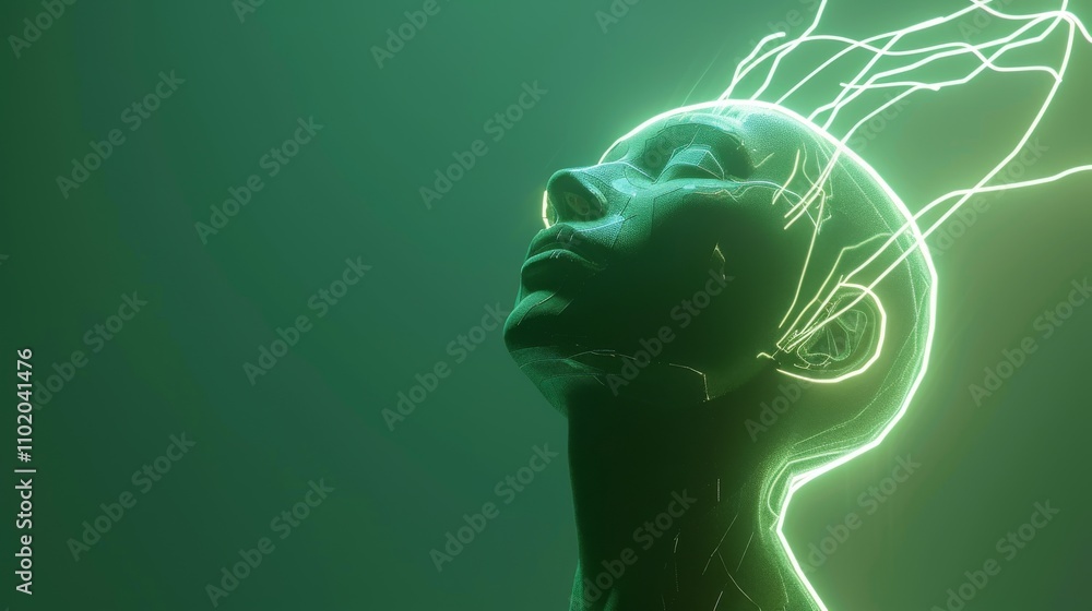 Poster a 3d-rendered human head illuminated by green light features glowing neural connections extending ou