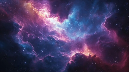 Obraz premium A mesmerizing view of abstract cosmic clouds illuminated by glowing nebulas in deep purples, blues, and fiery oranges against the backdrop of a dark galaxy. 
