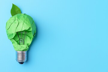 An eco-friendly business and environmental concept is depicted by a green crumpled paper light bulb on a green background, representing Corporate Social Responsibility (CSR).