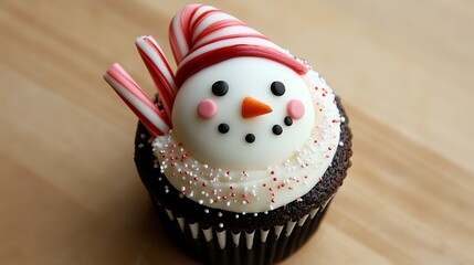 34. A festive cupcake decorated with a snowman face and candy canes