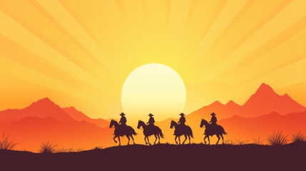 Four cowboys on horseback silhouetted against vibrant sunset sky create striking scene. warm colors and mountainous backdrop evoke sense of adventure and freedom