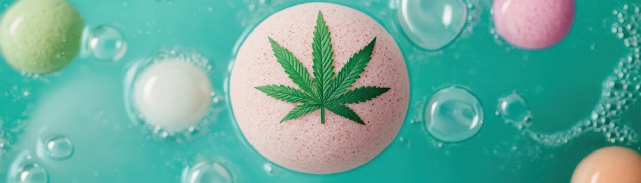 Close-up of a pink CBD-infused bath bomb featuring a cannabis leaf on a vibrant turquoise surface surrounded by bubbles.