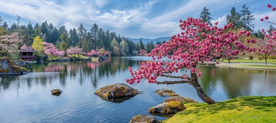 Fototapeta premium Serene spring garden with new buds and soft moss covering the ground in tranquil beauty