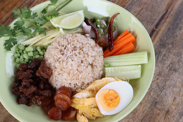 Khao kluk kapi. Rice mixed with shrimp paste. Thai shrimp paste fried rice with sweet pork and assorted