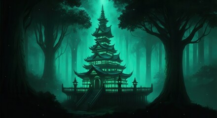 Enchanted pagoda mystical green glow