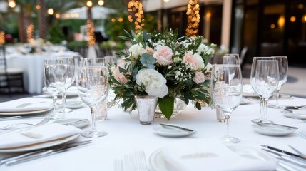 An outdoor venue hosts a beautifully arranged table featuring a floral centerpiece with soft lighting, perfect for weddings or special events under the night sky.