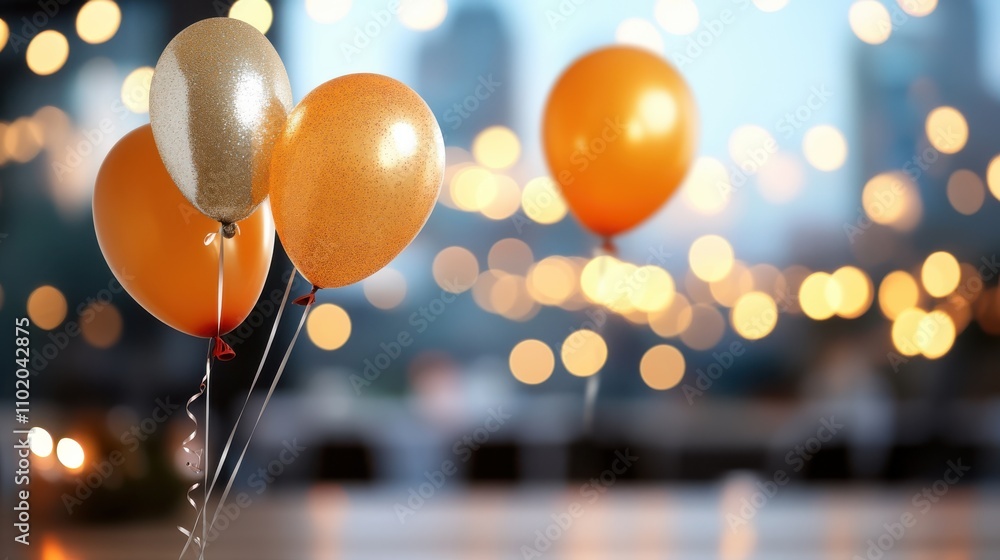 Poster a cluster of gold balloons gently float against a backdrop of golden bokeh lights, creating a dreamy