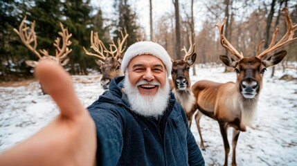 A joyful man poses for a selfie with two reindeer in a snowy forest. The surrounding trees add to the serene winter atmosphere, creating a memorable moment in nature