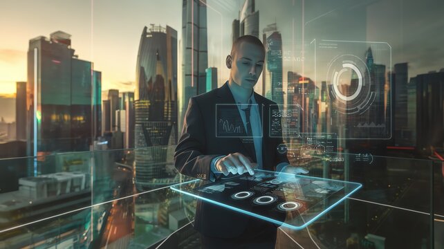Futuristic business concept with a professional using holographic technology in a modern cityscape.