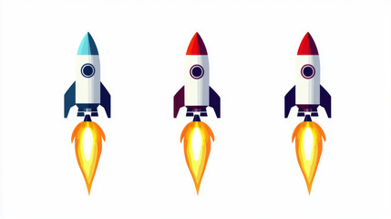 Colorful rockets launching with vibrant flames create exciting scene. These rockets symbolize adventure and exploration, perfect for any space themed project